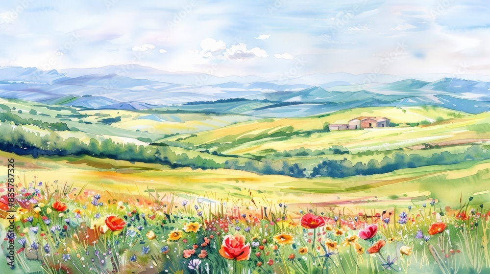 Beautiful watercolor landscape painting of a vibrant meadow with wildflowers and rolling hills under a blue sky.
