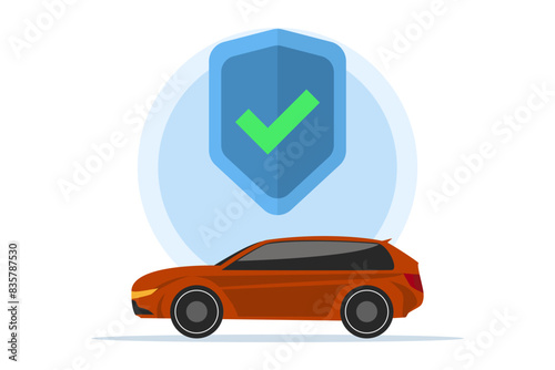 Vehicle protection sign concept, vehicle collision protection workshop logo, car tuning service emblem, red sports car front view, protection, flat driver safety system emblem. Modern label design.