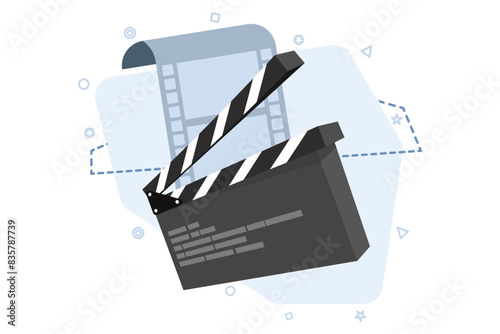 Clapperboard concept, film industry, film video equipment, rotary style clapperboard icon, acting industry, film making device, video film clapper equipment. flat vector illustration.