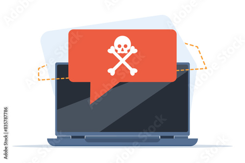 malware warning concept, warning notice on laptop computer, spam data, fraud internet error, unsafe risk danger connection, online fraud, ransomware virus note. flat vector illustration on background.