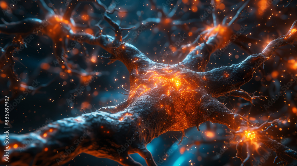 Glowing neuron cells network, brain synapse activity. 3D render of artificial neural network, AI machine learning technology simulation. Concept of brain, intelligence, innovation. Glowing neuron cells network, brain synapse activity. 3D render of artificial neural network, AI machine learning technology simulation. Concept of brain, intelligence, innovation.