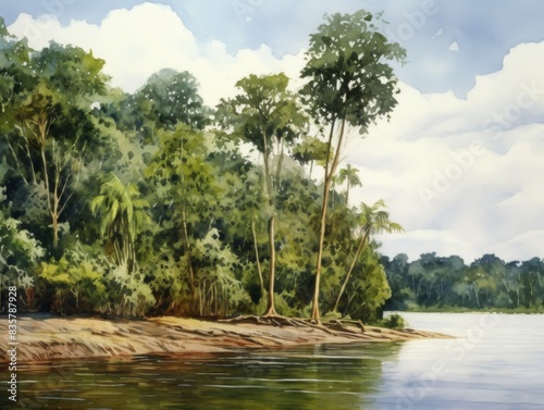 Lush Amazon Rainforest and Serene Riverbank - Ideal for Nature Posters and Environmental Education