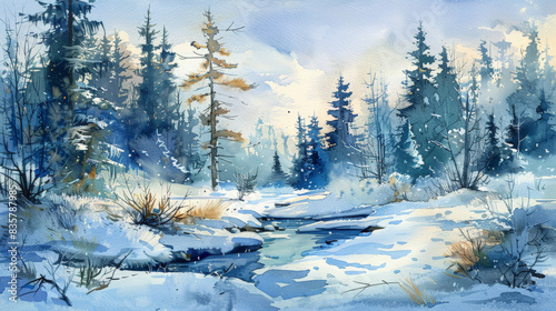 Serene winter landscape painting featuring a snowy forest, whispering pines, and a tranquil stream under a soft, pastel sky.