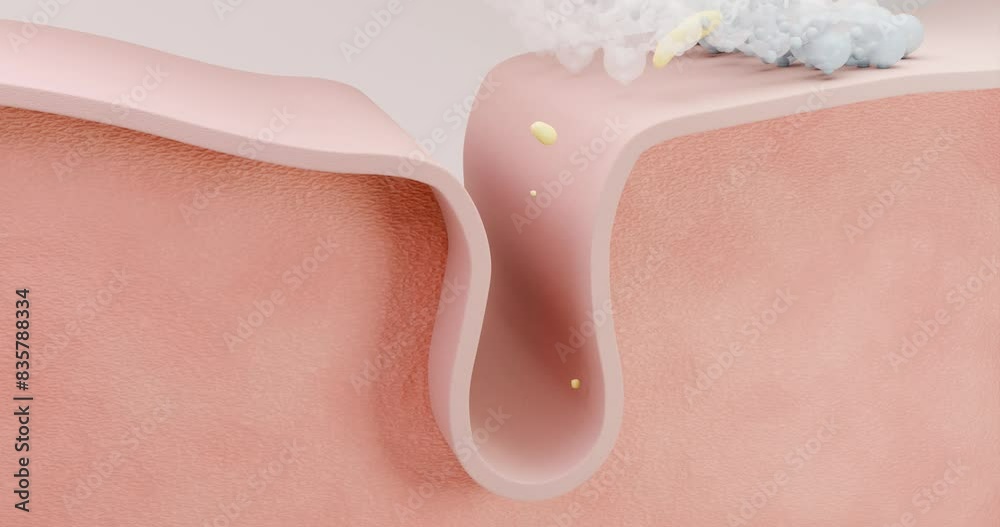 3D-animated video of the process of using cleansing foam and acne treatments. Foam cleanses clogged pores, helps to get rid of acne and inflammation, and prevents the formation of cysts and comedones.