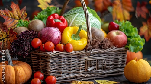Colorful array of seasonal fruits and vegetables arranged in a woven basket  highlighting the natural beauty and nutritional value of fresh produce  perfect for promoting healthy eating