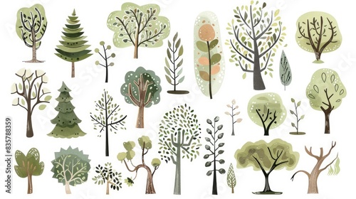 Variety of tree drawings with diverse decorations on a white backdrop in green and brown hues Featuring assorted textures and a simplistic doodle style of branches and foliage photo