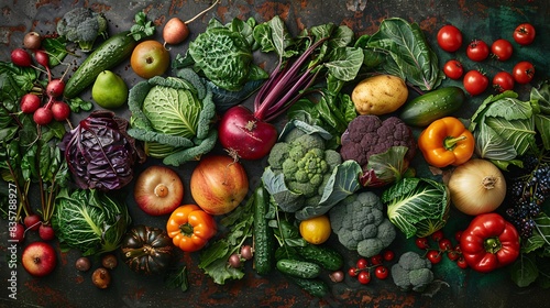 Detailed photograph of farm-fresh produce including leafy greens  root vegetables  and assorted fruits  artfully arranged on a rustic surface  providing an authentic and inviting background for menus 