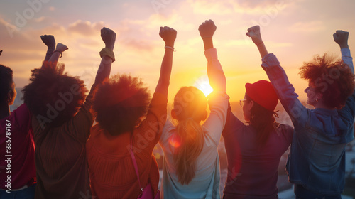 Multiracial group of people with raised arms looking at sunset. Backlight shot. Happiness, success, friendship and community concepts