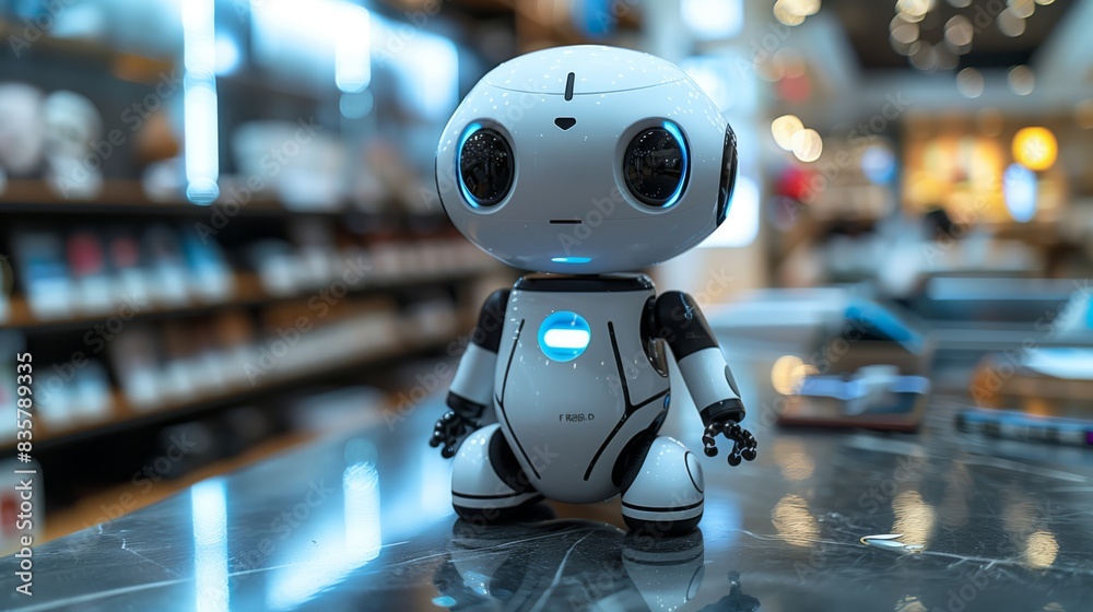 A tiny robot is seen perched on a surface inside a store, showcasing its design and features to potential customers. A tiny robot is seen perched on a surface inside a store, showcasing its design and features to potential customers.