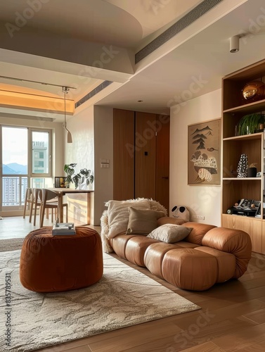 Living room with couches, coffee table and bookshelf in the middle part of the room is large windows