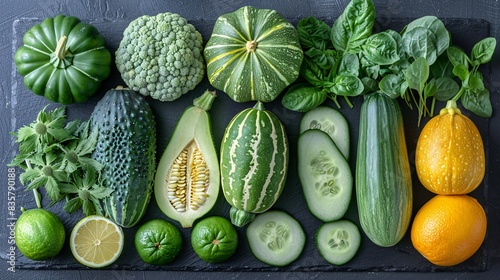 Overhead view of rare ingredient showcase, unique fruits, and vegetables like chayote squash, bitter melon, horned cucumber, Roman chamomile, arranged symmetrically on black photo