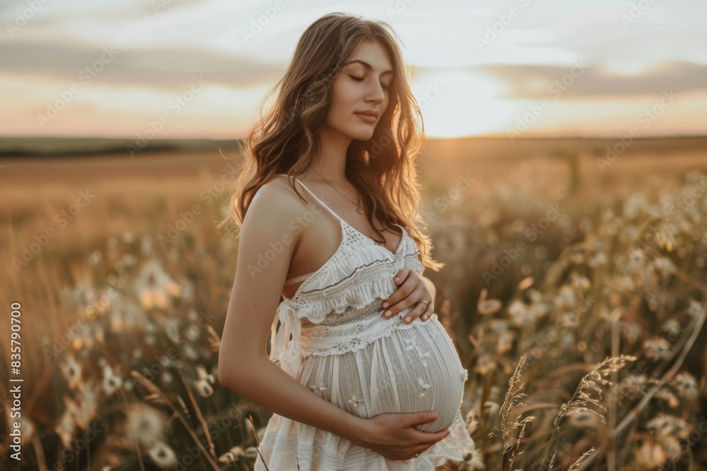Pregnant woman in a dress holds her belly in nature. Close up of her holding her stomach Pregnant woman in a dress holds her belly in nature. Close up of her holding her stomach