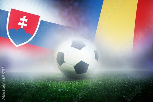 group E stage match , Slovakia  vs Romania , Football Nation Flag and soccer ball on green grass