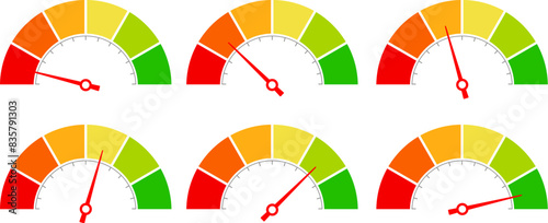 Meter gauge icon, progress scale and arrow diargams set