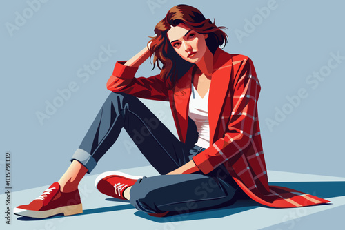 Vector de una mujer sentada sobre una superficie azul con las manos detras de la cabeza
