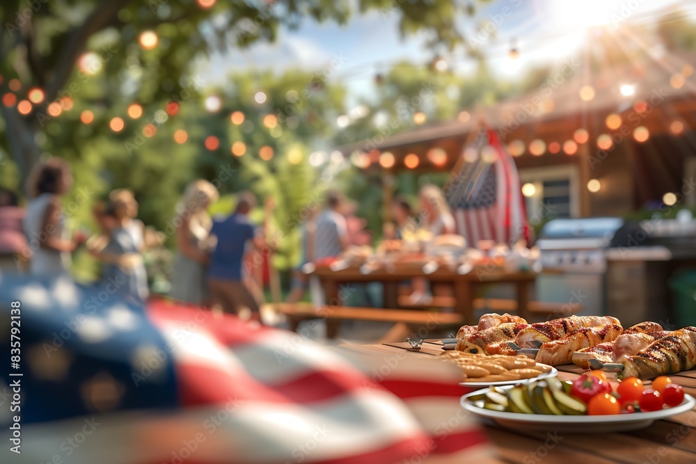 Sunny Backyard Fourth of July Party with BBQ, Patriotic Decorations, and American Flag Sunny Backyard Fourth of July Party with BBQ, Patriotic Decorations, and American Flag