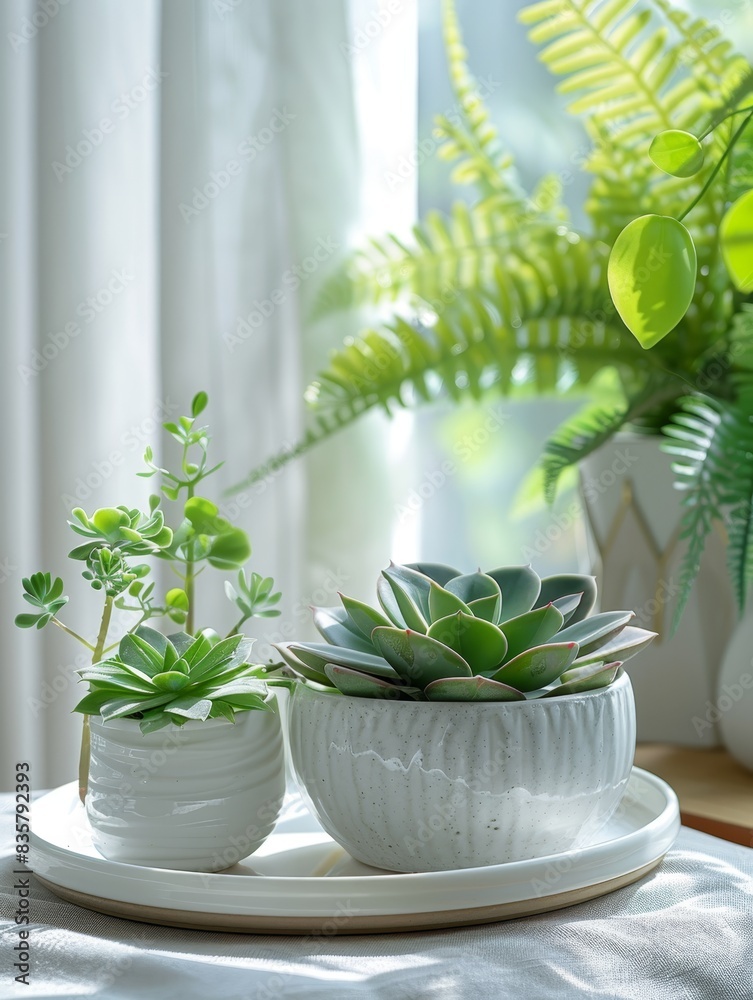 Plants pots sit on a wooden table, in the style of dark white and light green Plants pots sit on a wooden table, in the style of dark white and light green