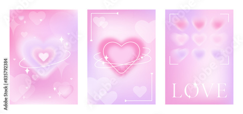 y2k heart card set. Set of templates for Valentines day. Love card, banner, poster, cover, invitation. Trendy minimalist aesthetic with gradients, sparks, hearts and lettering. Vector illustration