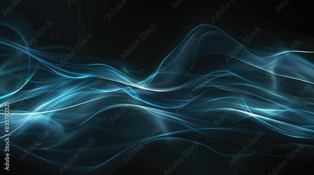 Abstract futuristic wallpaper texture with soft blue smooth wavy lines on a dark black urban background created by modern digital technology