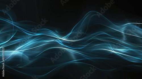 Abstract futuristic wallpaper texture with soft blue smooth wavy lines on a dark black urban background created by modern digital technology