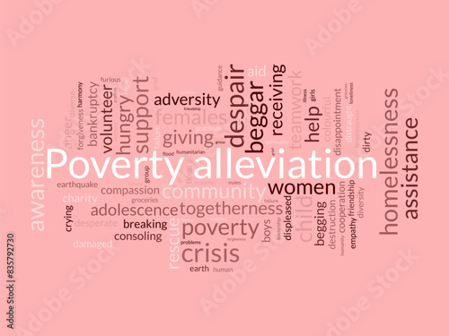Poverty alleviation word cloud template. Social issues concept vector tagcloud background.