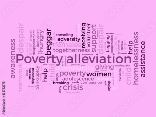 Poverty alleviation word cloud template. Social issues concept vector tagcloud background.