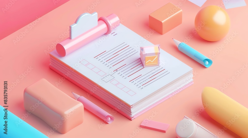 A delightful 3D image in soft pastel tones features a document icon with checklists marked correct and wrong, with a chart beside it A delightful 3D image in soft pastel tones features a document icon with checklists marked correct and wrong, with a chart beside it