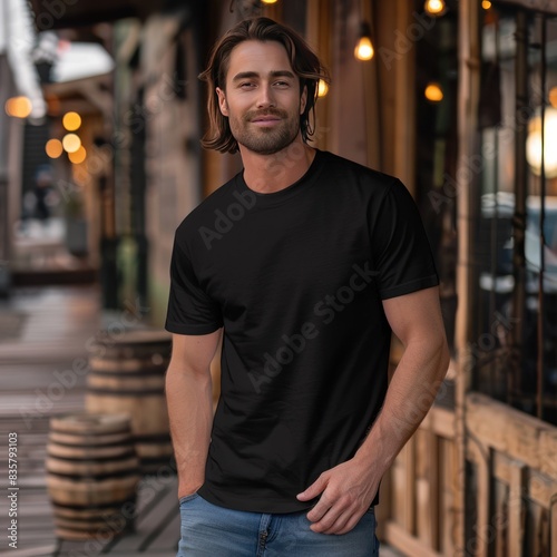 Full body view of_fit man wearing black T-shirt mockup