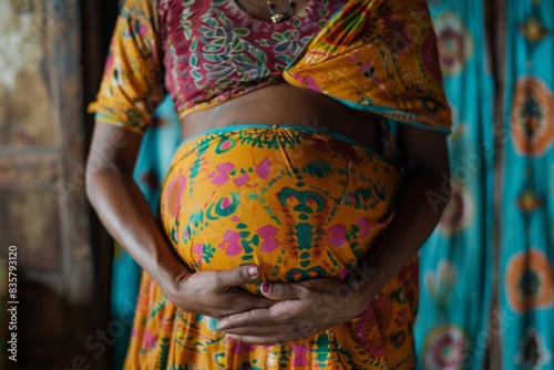 Pregnant african black woman in a dress holds her belly in nature. Close up of her holding her stomach