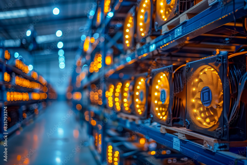 Blockchain Cryptocurrency Mining Farm A high-tech facility with rows of powerful computers and mining rigs Blockchain Cryptocurrency Mining Farm A high-tech facility with rows of powerful computers and mining rigs
