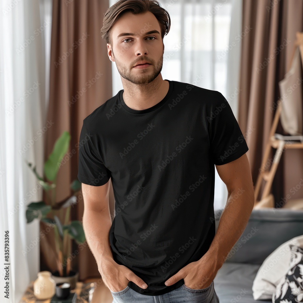 Full body view of_fit man wearing black T-shirt mockup Full body view of_fit man wearing black T-shirt mockup