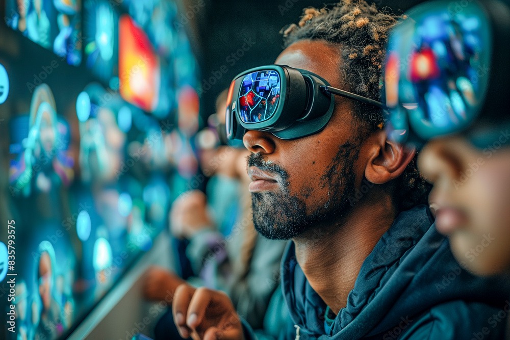 A classroom of the future where students are using augmented reality glasses and interactive digital whiteboards A classroom of the future where students are using augmented reality glasses and interactive digital whiteboards