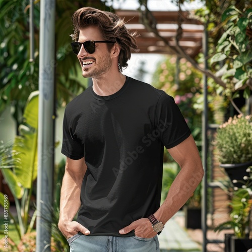 Full body view of_fit man wearing black T-shirt mockup