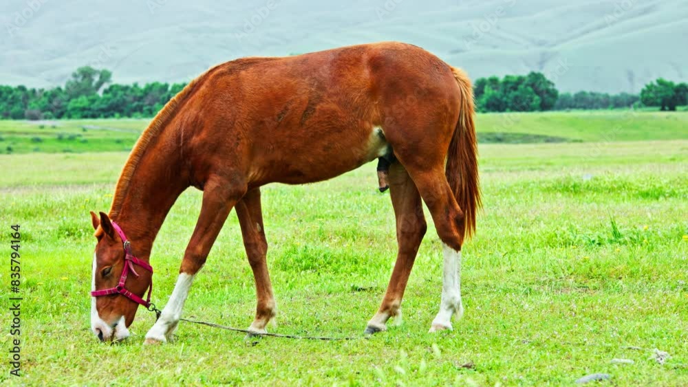 red stallion with white legs in the red bridle on a leash is grazing on green meadow with mountains on the horizon at cloudy spring day, side view. red stallion with white legs in the red bridle on a leash is grazing on green meadow with mountains on the horizon at cloudy spring day, side view.