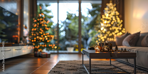christmas tree with lights ,Christmas room interior with beautiful fireplace Stylish Christmas Tree decorations photo