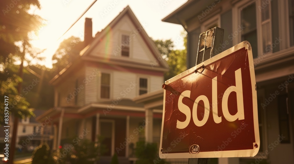 Sold Sign Displayed Prominently in Front of Suburban Home Sold Sign Displayed Prominently in Front of Suburban Home