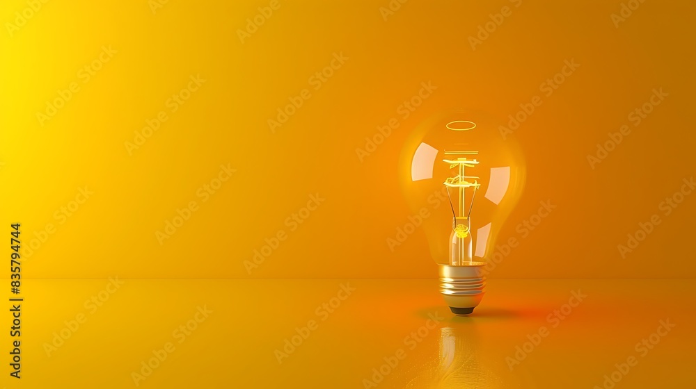 A yellow bulb radiates light against an abstract, isolated yellow background, filament shining brightly.