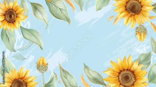 Sunflowers floral, luxury botanical on light blue background vector, empty space in the middle to leave room for text or logo, gold line wallpaper, leaves, flower, foliage, hand drawn 