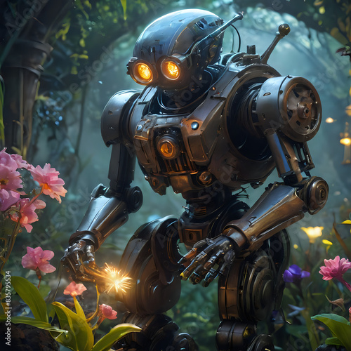 a robot that is standing in the middle of a garden