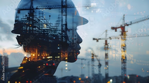 Thinking engineer's silhouette merged with an active construction site, creating a double exposure effect