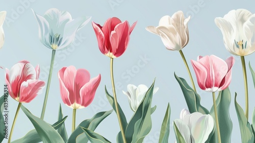 Tulips floral  luxury botanical on light blue background vector  empty space in the middle to leave room for text or logo  gold line wallpaper  leaves  flower  foliage  hand drawn