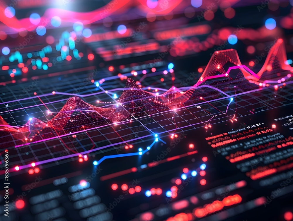 Obraz premium Futuristic Financial Analytics Dashboard with Glowing Mesh Data Visualization