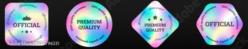 Quality holographic stickers set. Geometric labels for packaging product originality stamps with iridescent vector gradient