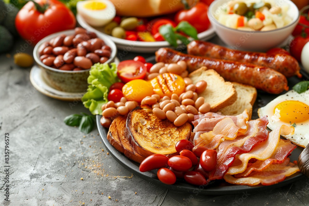 Full English Breakfast with bacon, eggs, sausage, beans, and toast on a rustic kitchen table. Full English Breakfast with bacon, eggs, sausage, beans, and toast on a rustic kitchen table.
