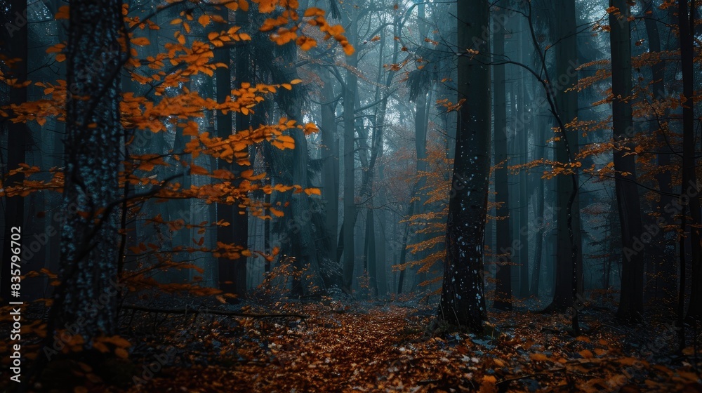 Leaves covering trees in a dark forest Leaves covering trees in a dark forest