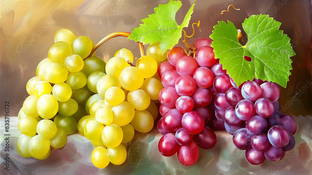 Vibrant Vineyard Bounty. clusters of ripe green and red grapes with attached leaves, glistening with moisture against a soft-focus background. Vibrant Vineyard Bounty. clusters of ripe green and red grapes with attached leaves, glistening with moisture against a soft-focus background.