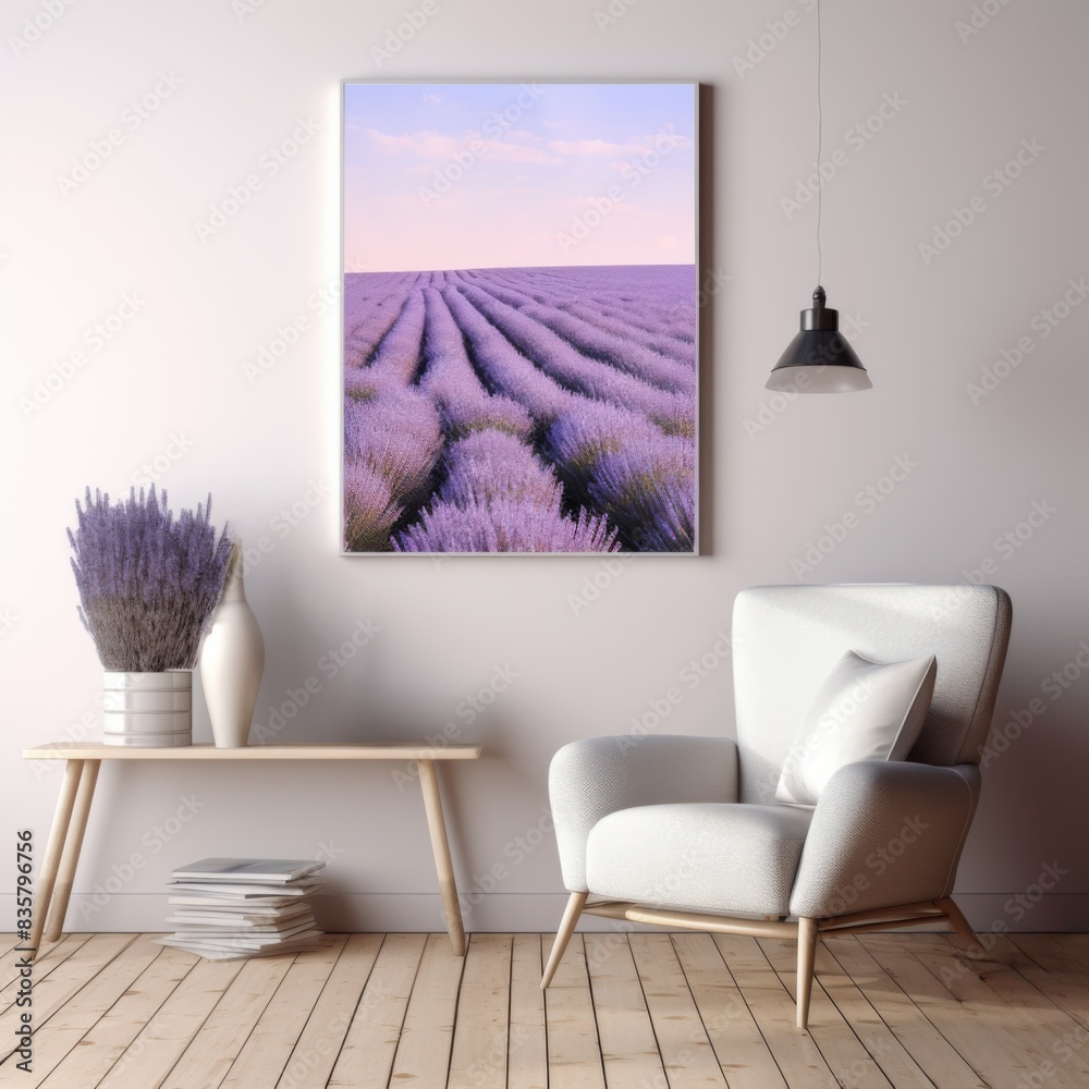 Minimalist Lavender Themed Interior Design with Framed Landscape for ...
