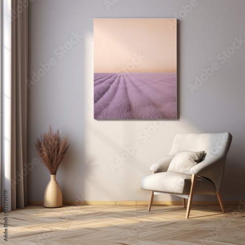 Tranquil Minimalist Interior with Lavender Art Piece and Cozy Armchair  Ideal for Modern Home Design, Wall Art, and Decor Inspiration photo