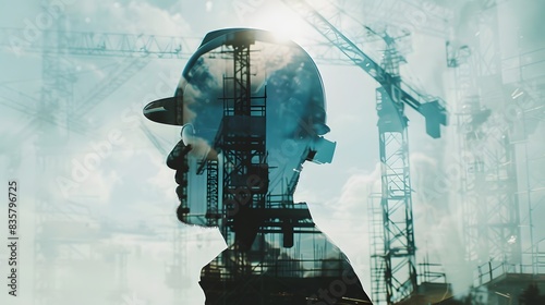 Silhouette-style double exposure of an engineer and a construction background, emphasizing a thoughtful mood