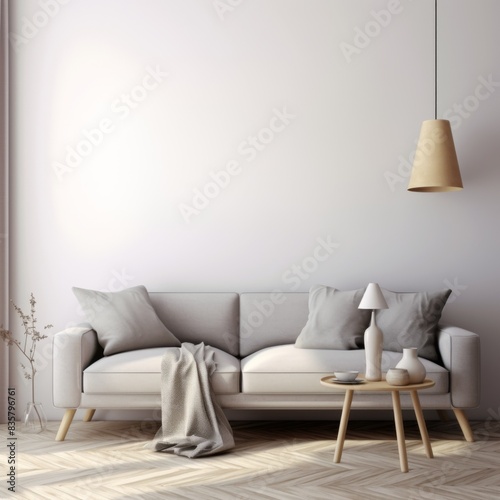 Minimalist Lavender Interior Design for Modern Living Room Decor, Showing Cozy Sofa with Scandinavian Aesthetics photo